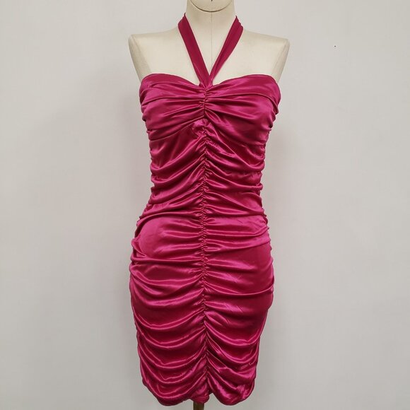 Taboo Y2K Ruched Satin Halter Mini Dress 10 Pink Clubwear Bodycon Coquette - Picture 1 of 12